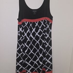Enfocus Studio Black and White Midi Dress with Coral Accents